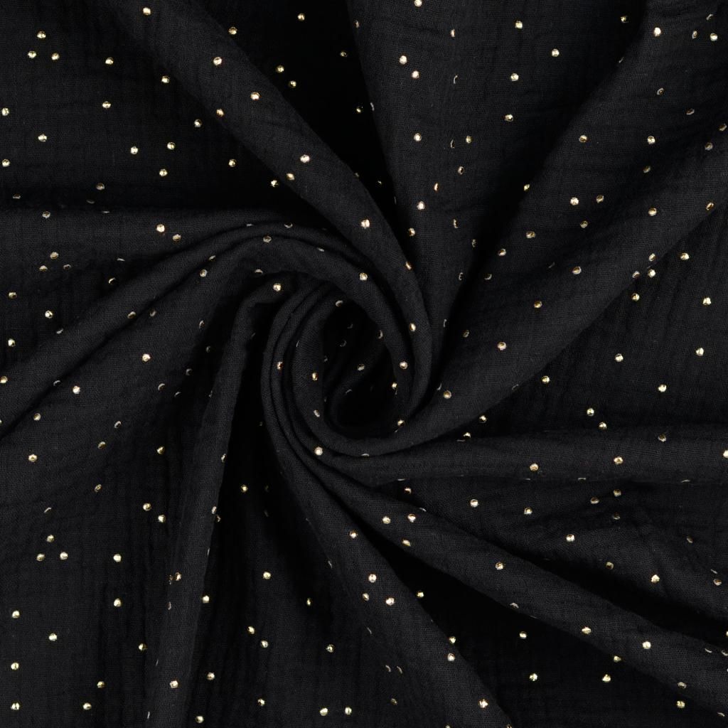 Double Gauze Cotton Fabric With Metallic Gold Drew Drops Black