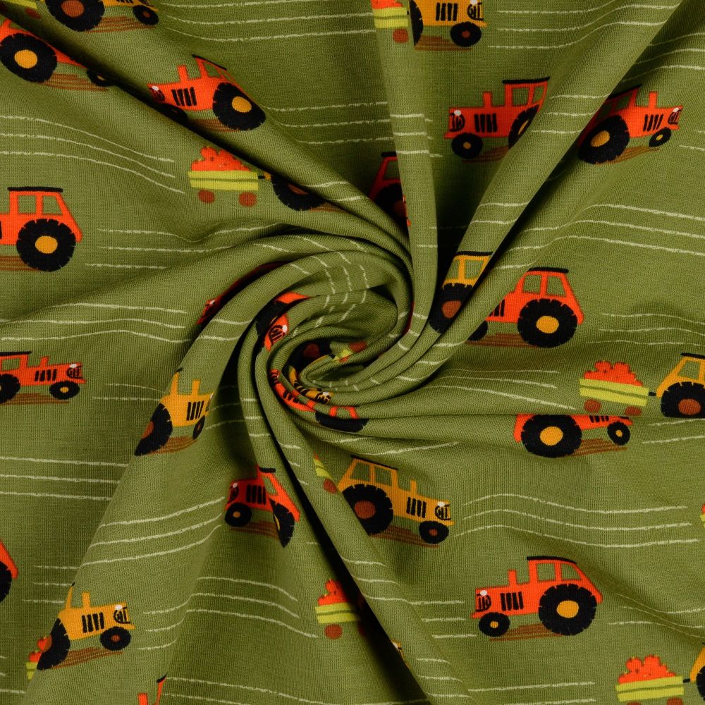 French Terry Fabric Fleece Back Tractors Green