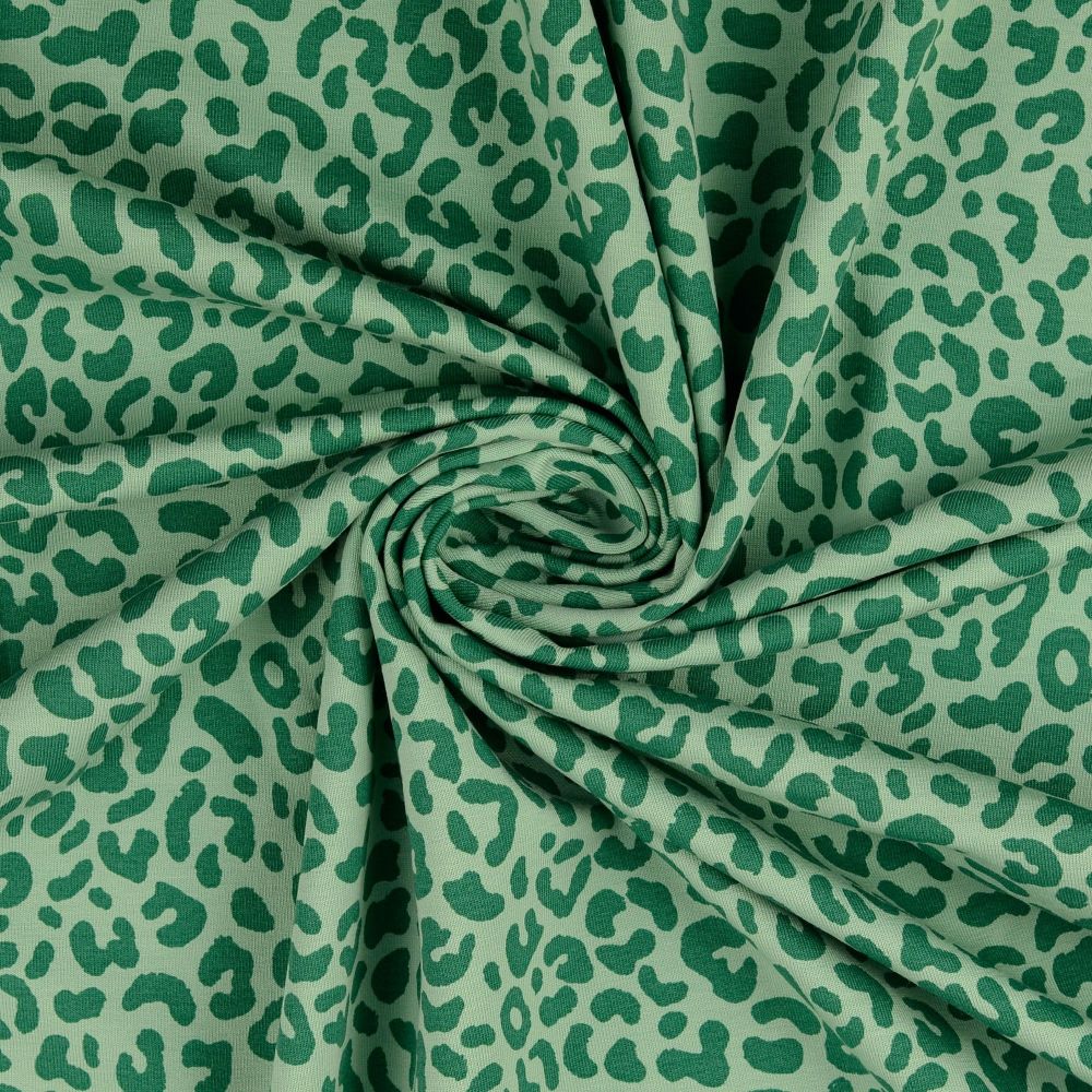 French Terry Fabric Fleece Backed Leopard Print Green
