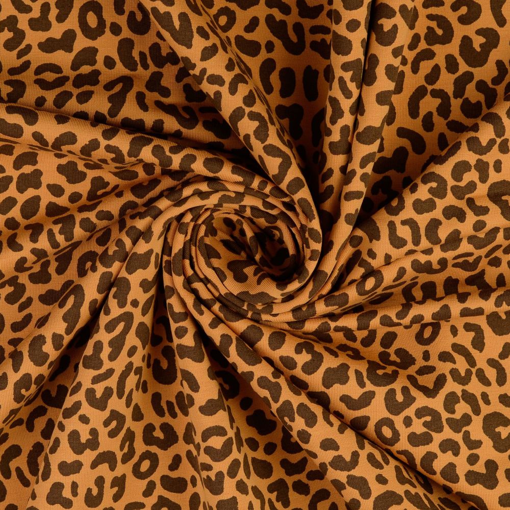 French Terry Fabric Fleece Backed Leopard Print Orange