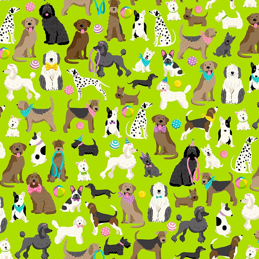 Makower Cotton Fabric Furry Friends Dogs Green