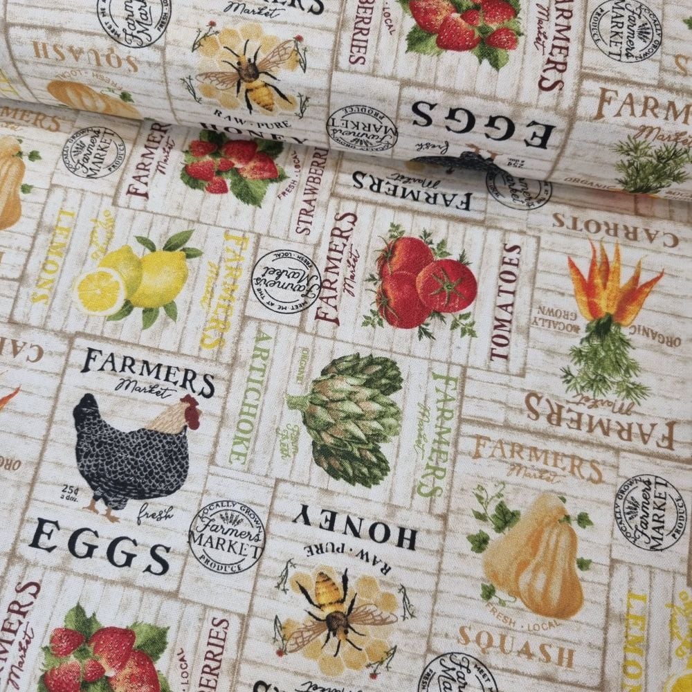 3 Wishes Cotton Fabric Locally Grown Market Signs