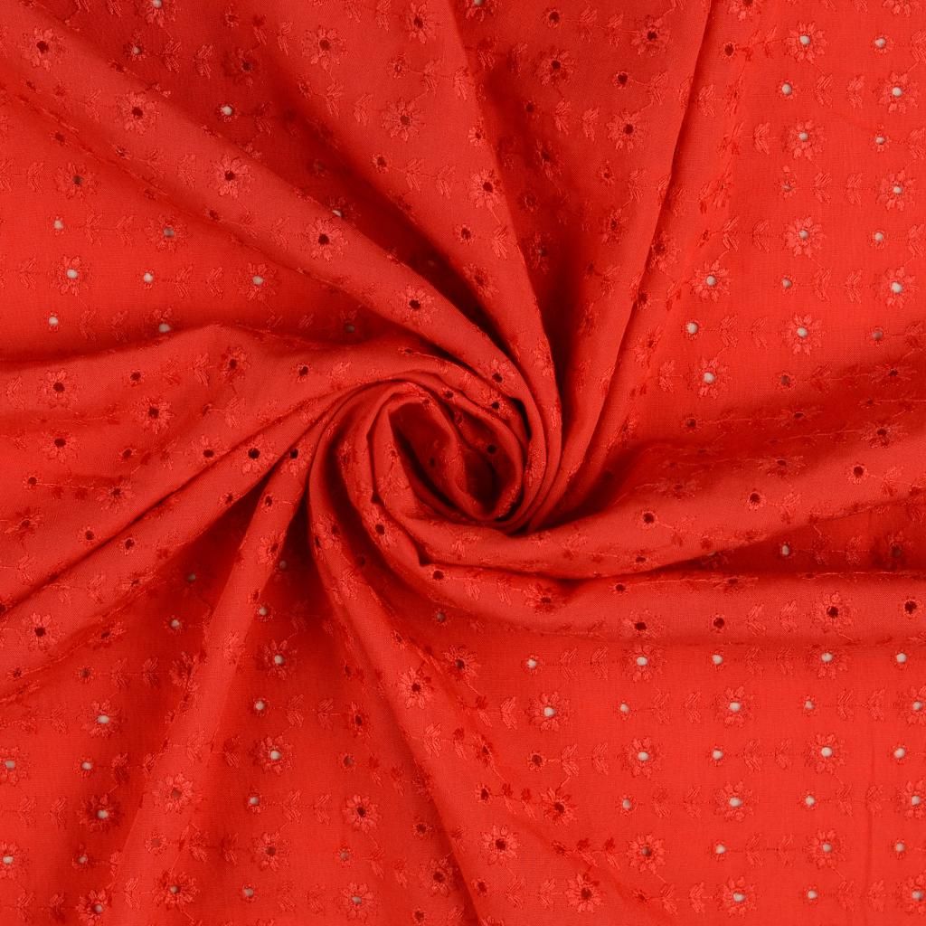 Embroidered Viscose Fabric Flowers Hot Tomato