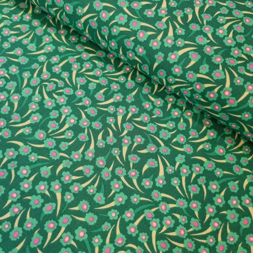 Sally Kelly Atlantis Cotton Fabric Coral Flowers Emerald