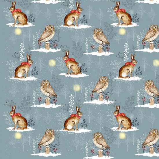 Winter Moon Cotton Fabric Hares & Owls