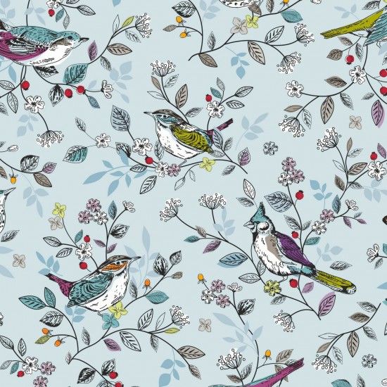 Springtime Cotton Fabric Songbirds blue