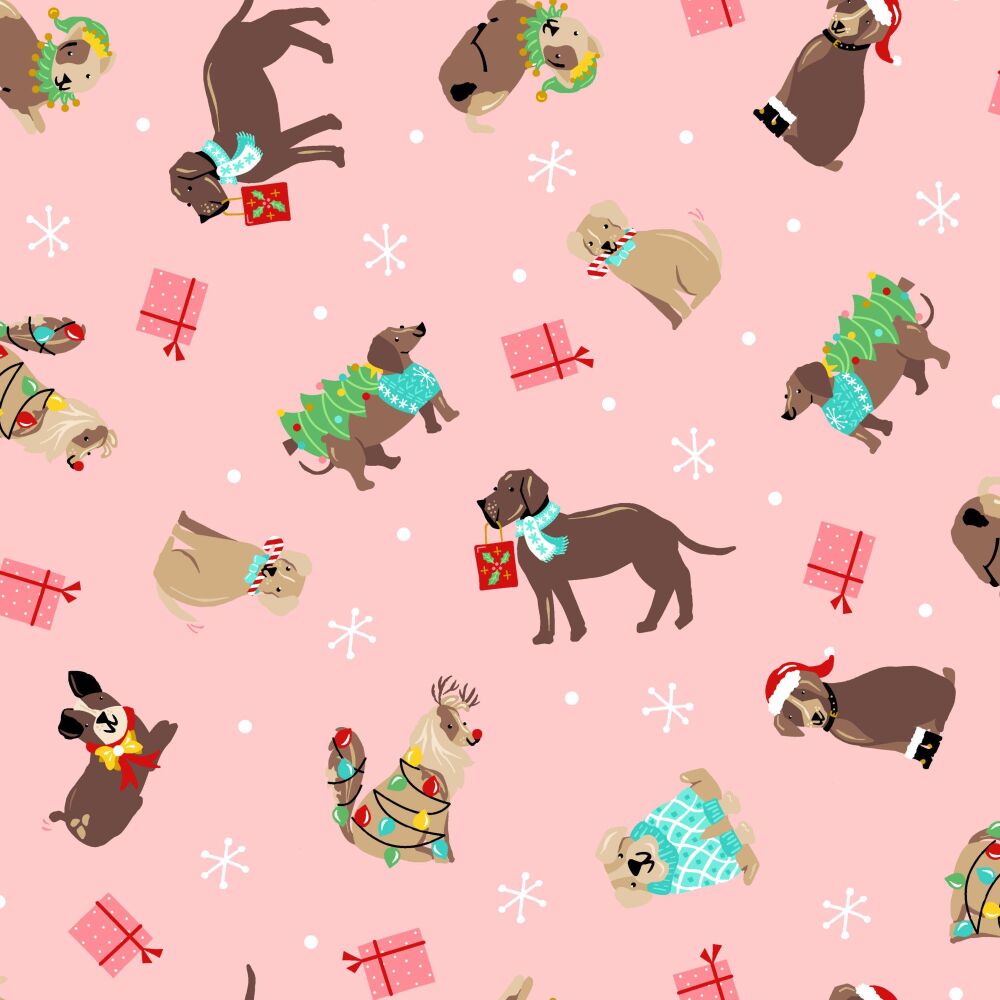 Makower Furry & Bright Cotton Fabric Holiday Dogs Pink