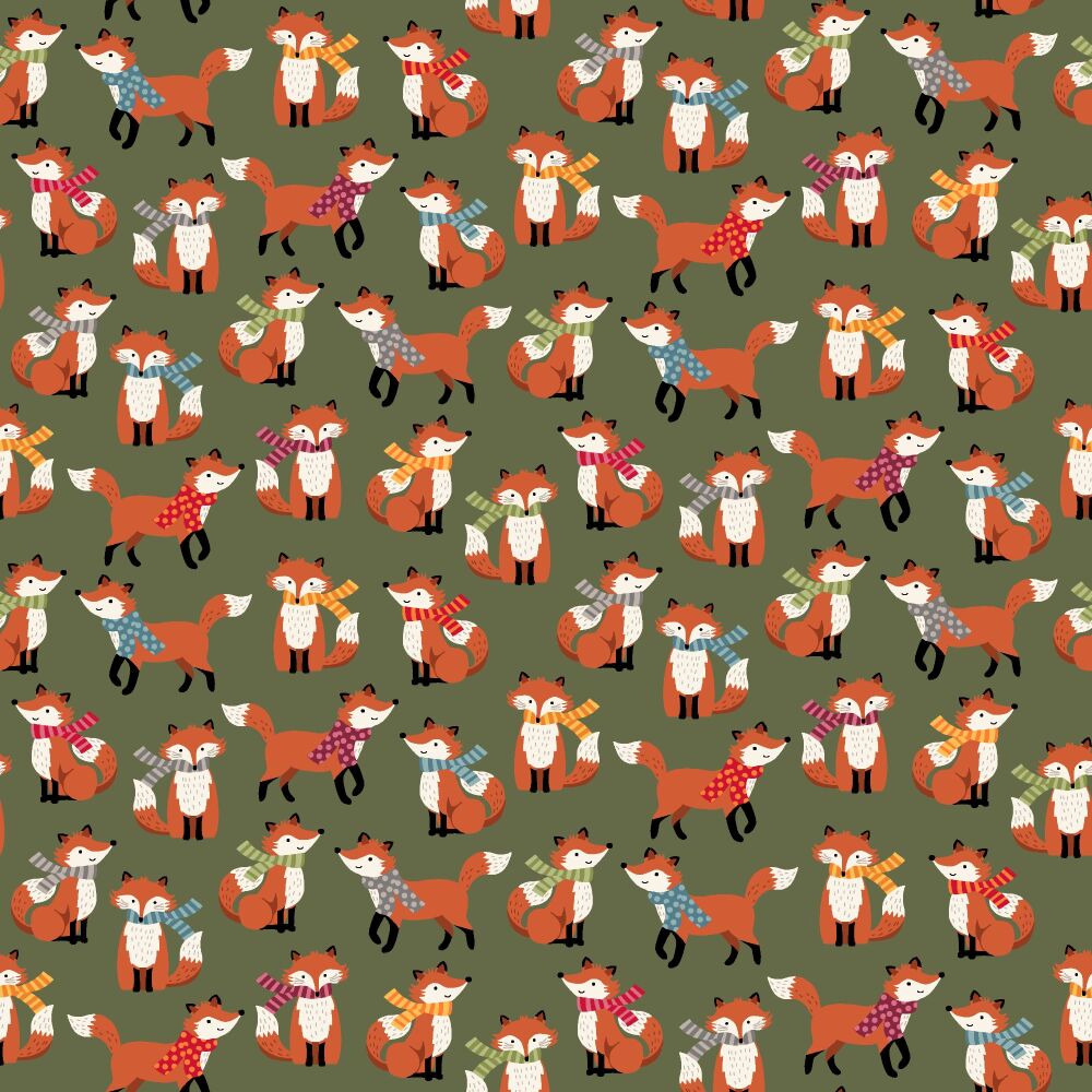 Makower Autumn Days Cotton Fabric Foxes Sage Green