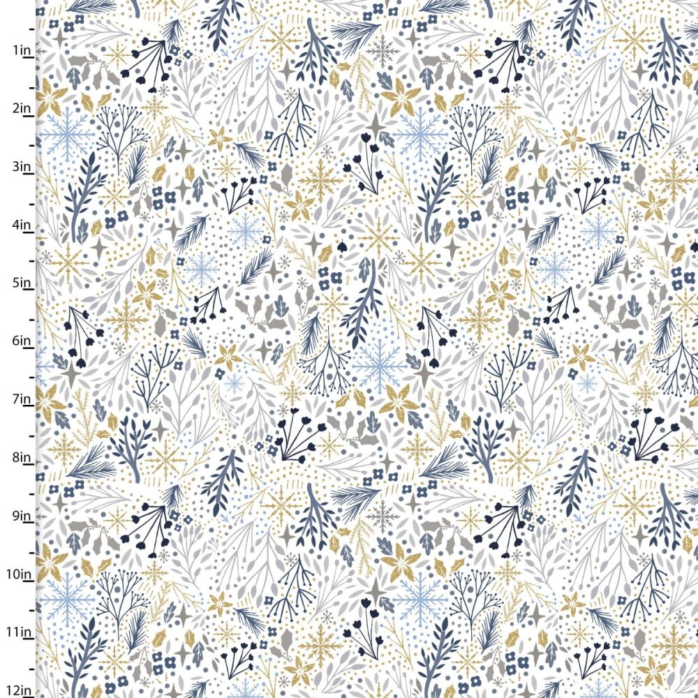 3 Wishes Majestic Winter Cotton Fabric Gold Glitter Foliage