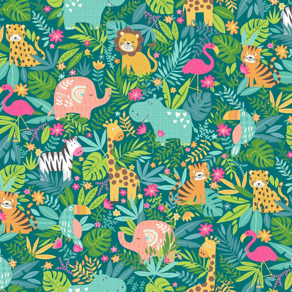 Makower Cotton Fabric In The Jungle Scenic Pink
