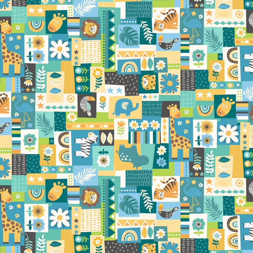 Makower Cotton Fabric In The Jungle Montage Blue