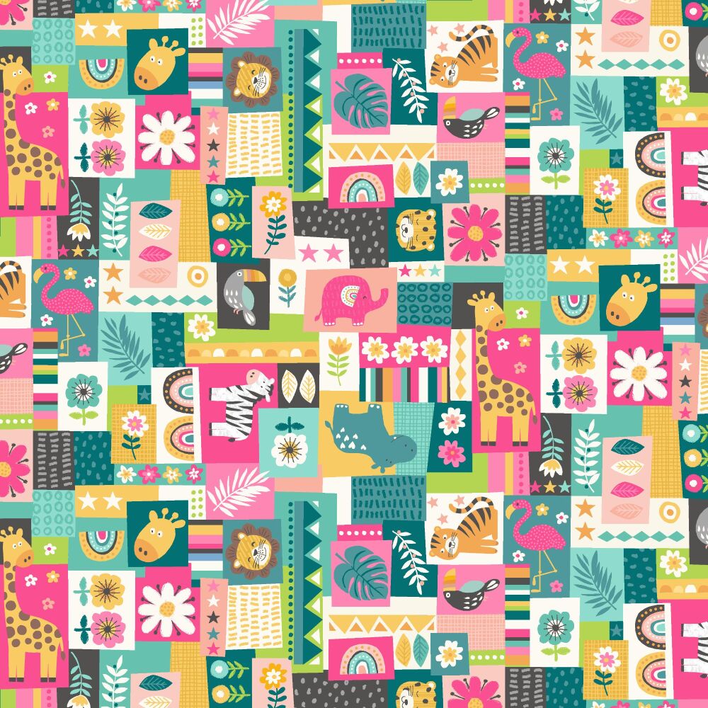 Makower Cotton Fabric In The Jungle Montage Pink