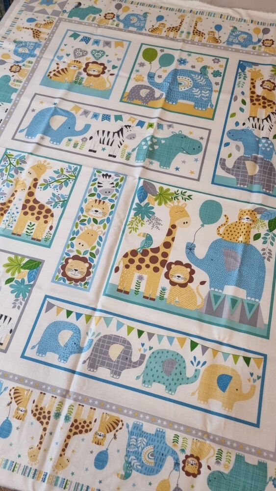 Makower Cotton Fabric In The Jungle Quilt Panel Blue