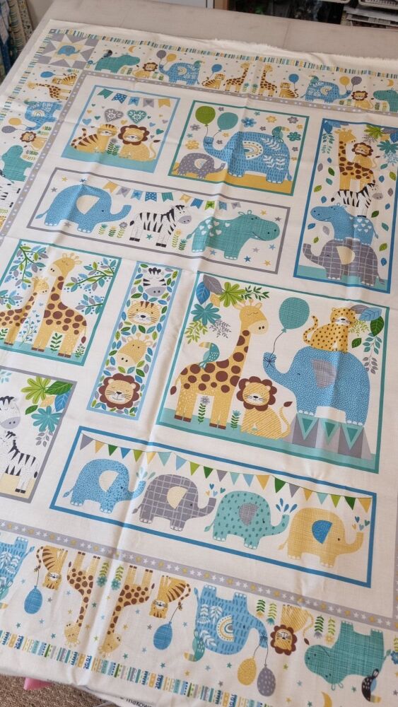 Makower Cotton Fabric In The Jungle Quilt Panel Blue