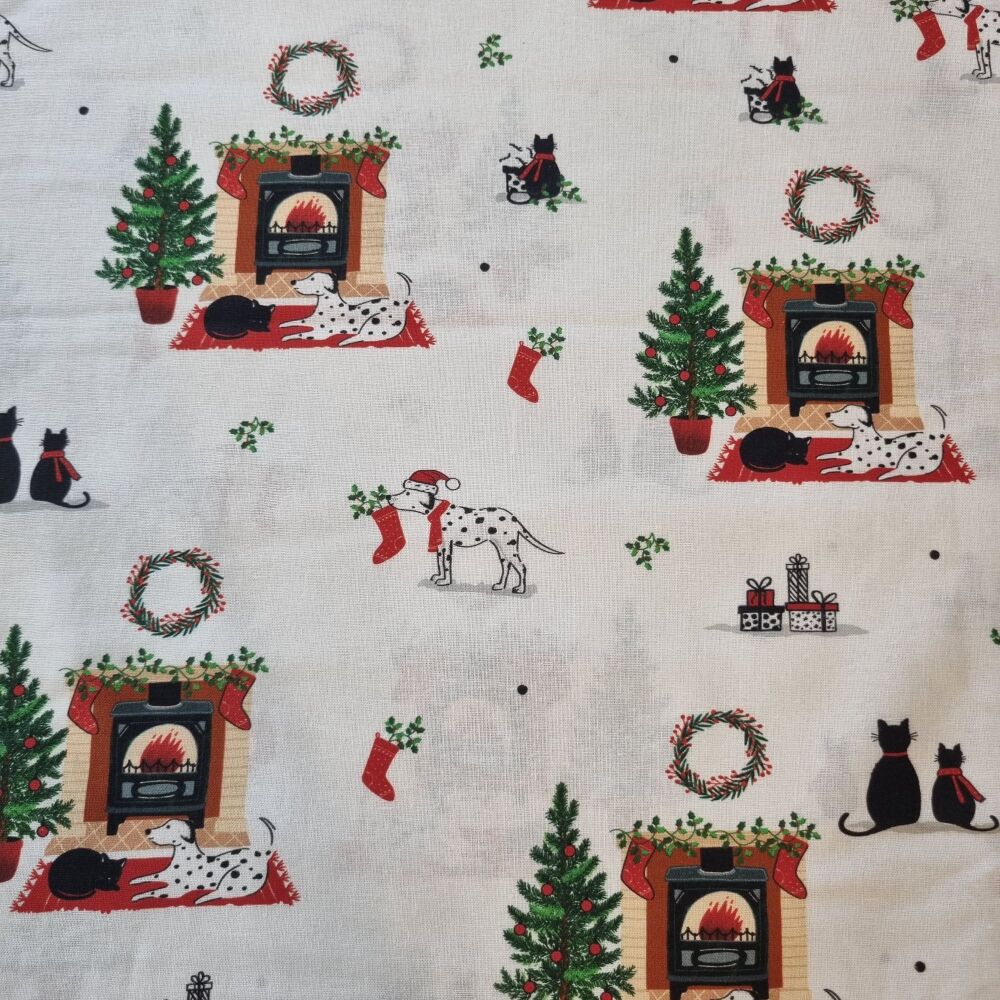 Christmas Pets Cotton Fabric By The Fire