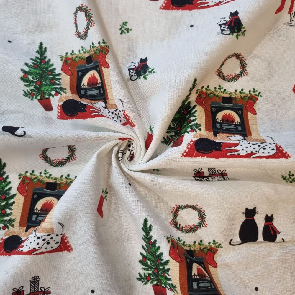Christmas Pets Cotton Fabric By The Fire