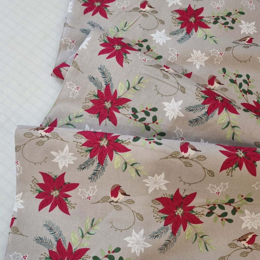 Traditional Poinsettia Christmas Cotton Fabric Robin