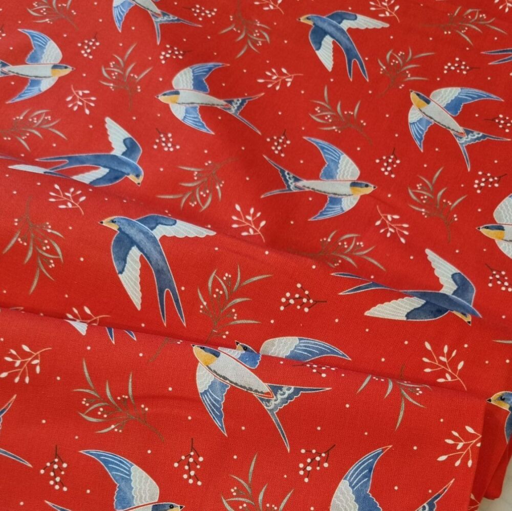 Christmas Birds Cotton Fabric Swallows