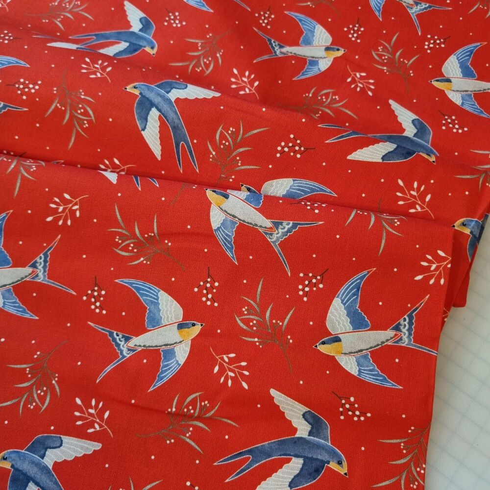 Christmas Birds Cotton Fabric Swallows