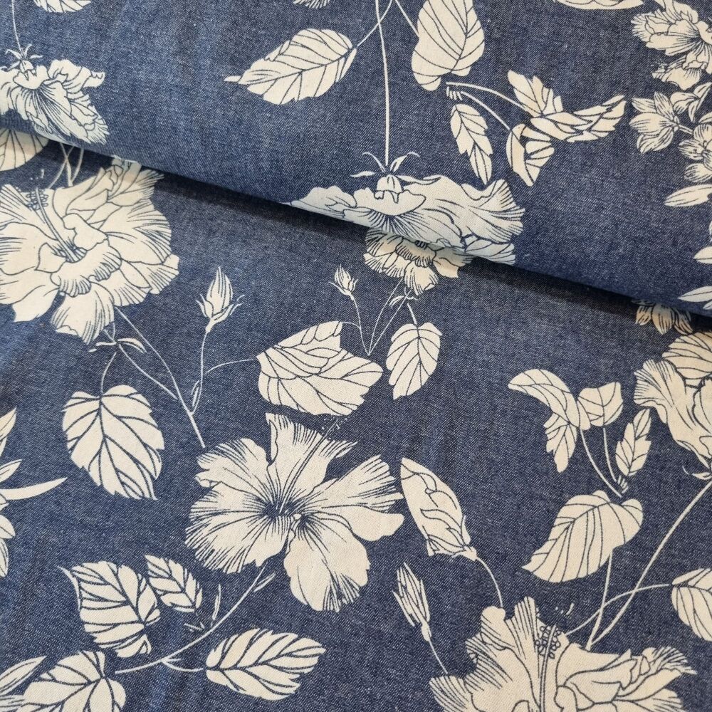 Lightweight Cotton Denim Chambray Fabric Floral