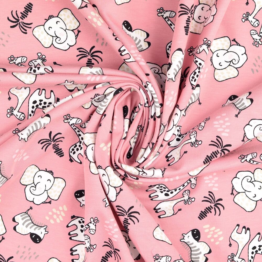 Cotton Jersey Fabric Jungle Animals Pink