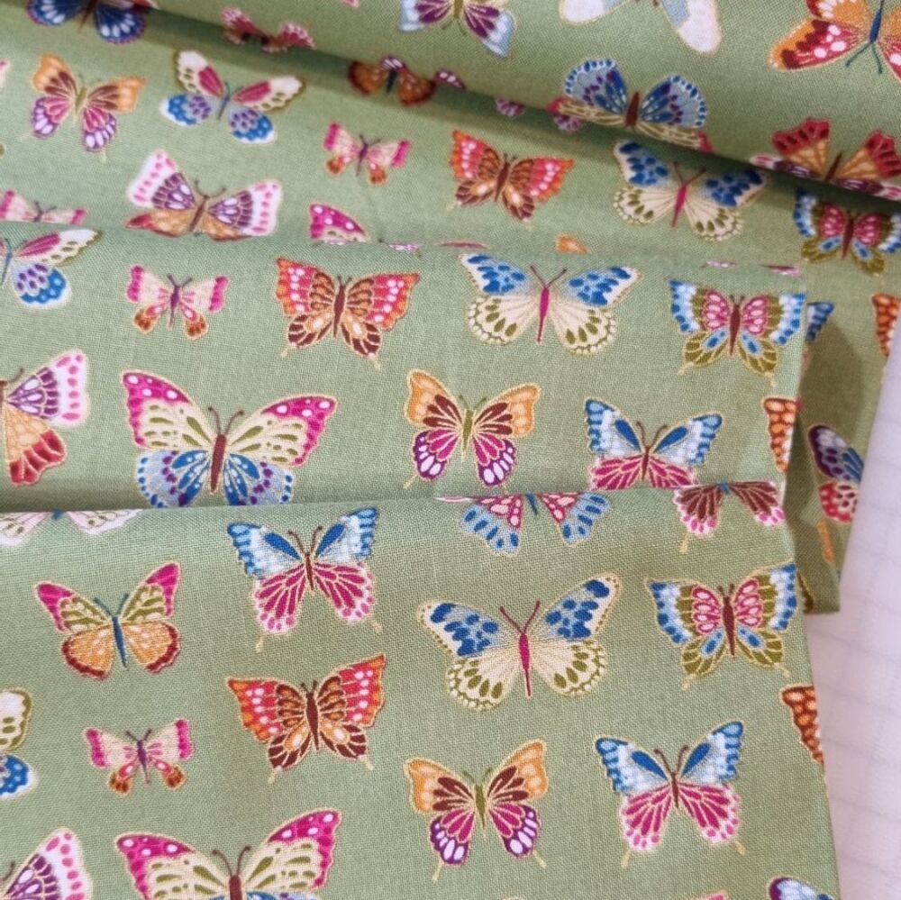 Makower Cotton Fabric Metallic Luxe Butterflies Green