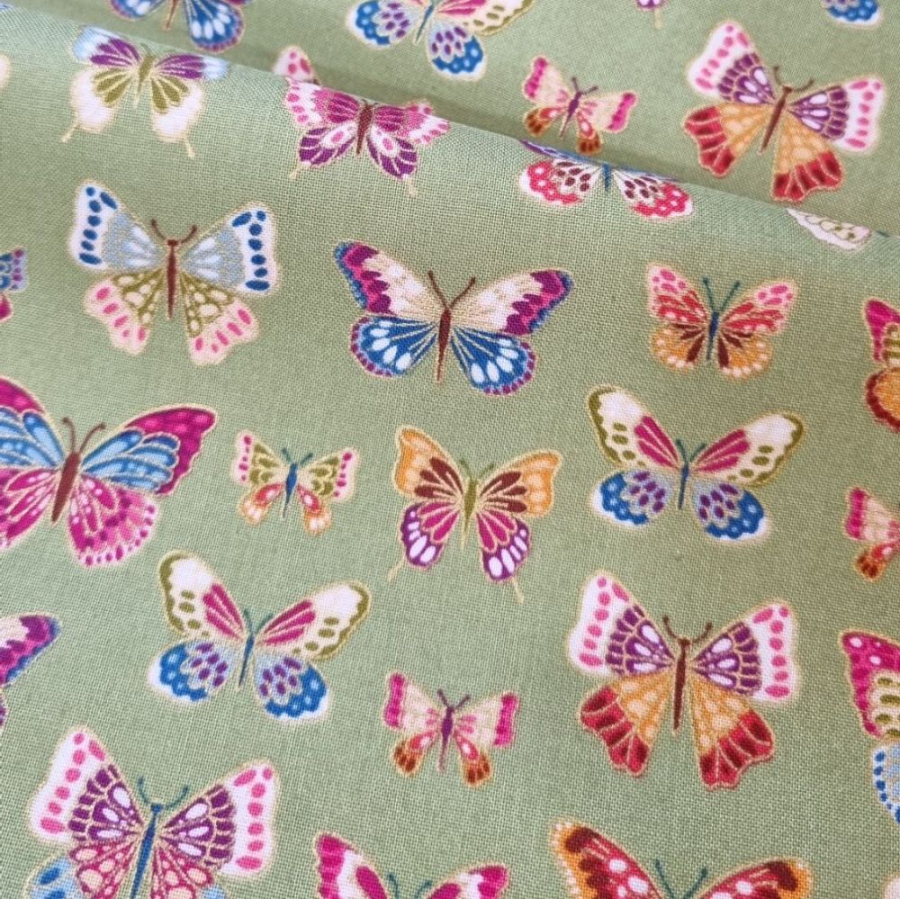 Makower Cotton Fabric Metallic Luxe Butterflies Green