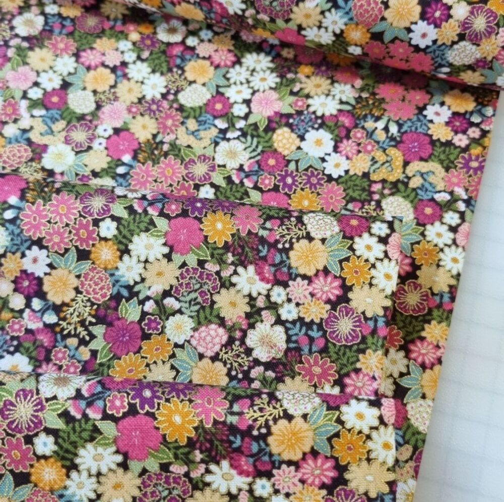 Makower Cotton Fabric Metallic Luxe Floral Pink