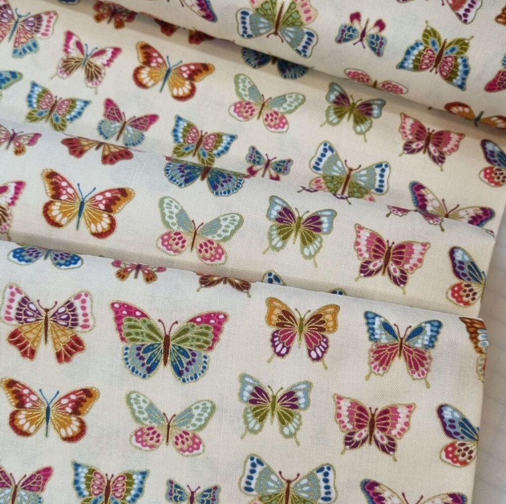Makower Cotton Fabric Metallic Luxe Butterflies Cream
