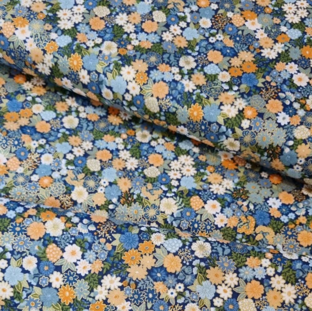Makower Cotton Fabric Metallic Luxe Florals Navy