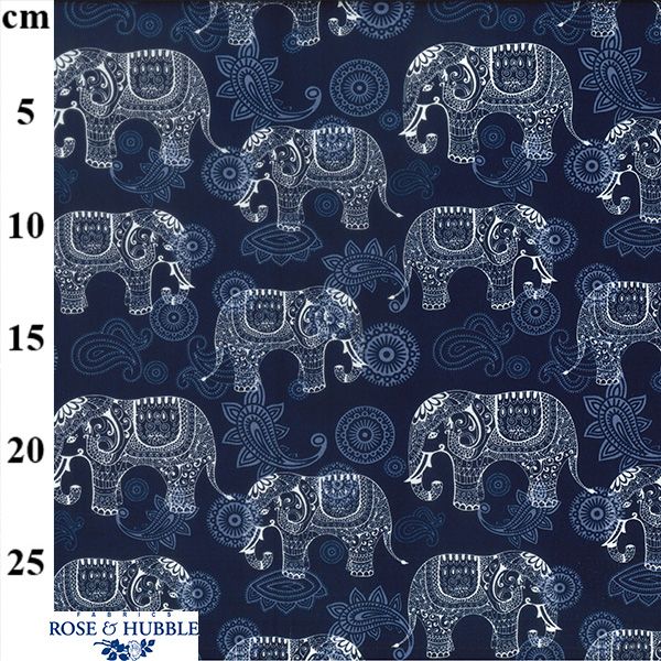 Cotton Poplin Fabric Elephants Navy