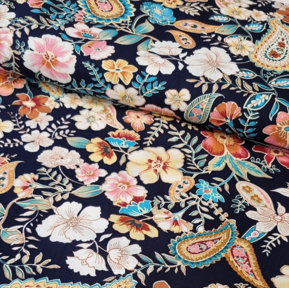 Viscose Fabric Flower Garden Navy