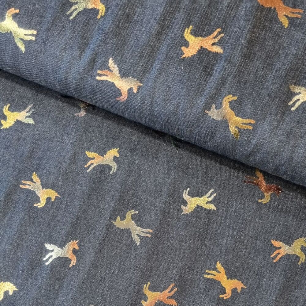 Lightweight Denim Fabric With Foil Print Unicorn
