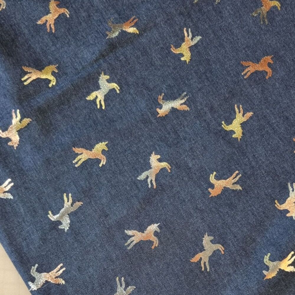 Lightweight Denim Fabric With Foil Print Unicorn