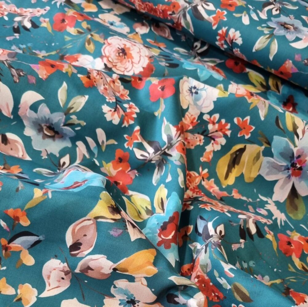 Cotton Lawn Fabric In Bloom Teal