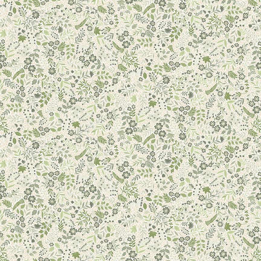 Makower Cotton Fabric Foxwood Wildflower Green on Cream