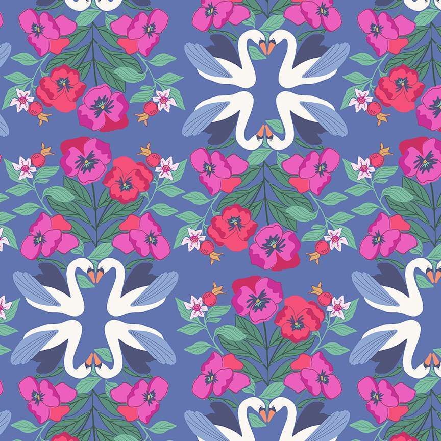 Makower Cotton Fabric Enchanted Bloom Swan Sapphire