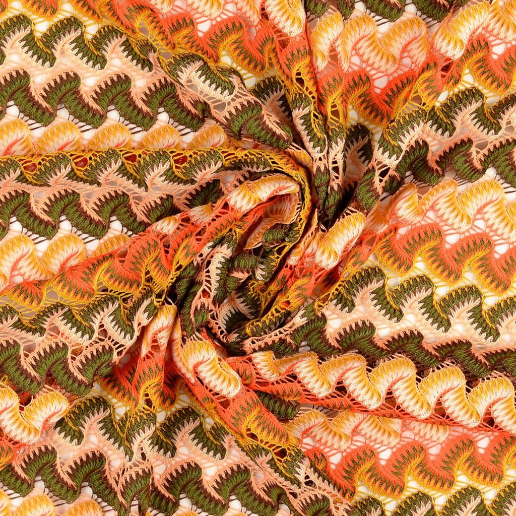 Crochet Lace Fabric Waves Orange/Khaki