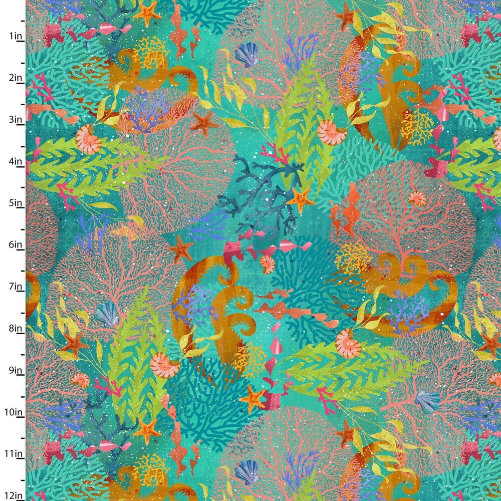 3 Wishes Organic Cotton Fabric Shining Sea Colourful Coral