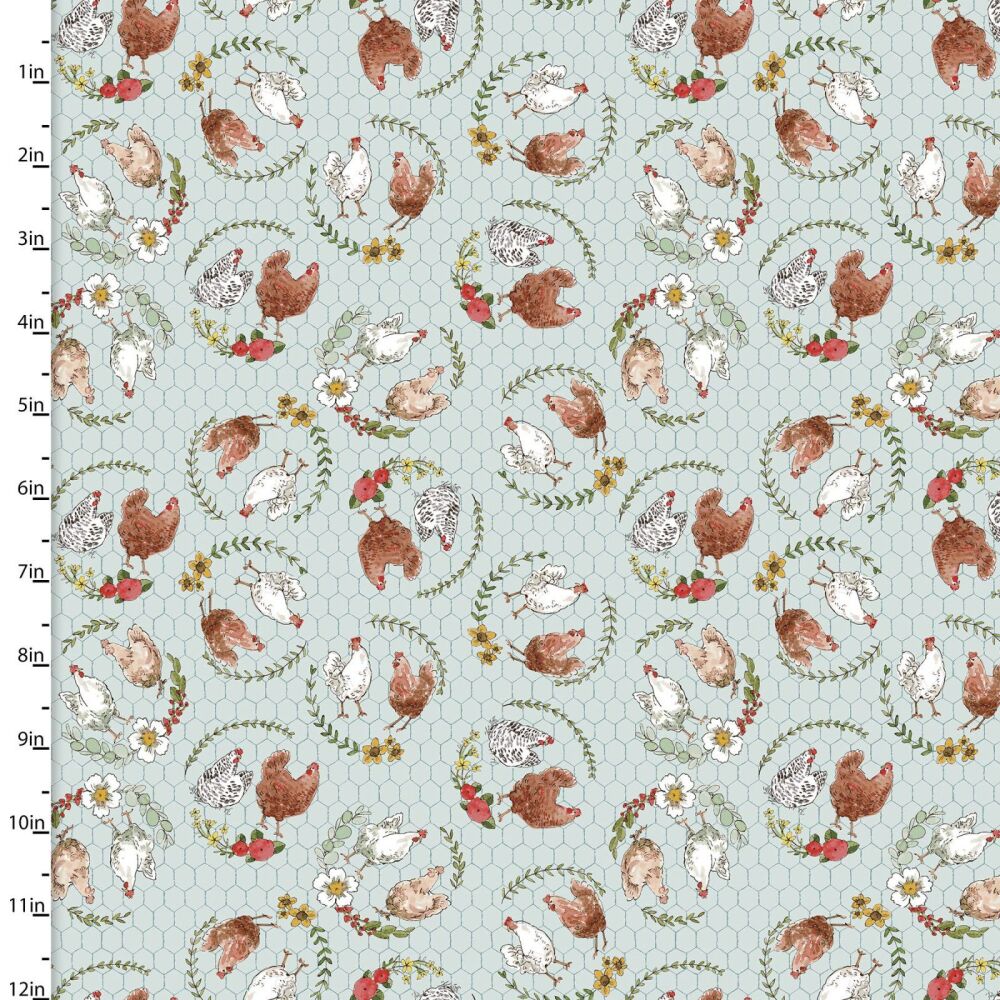 3 Wishes Organic Cotton Fabric Cottontail Farm Chickens On Wire
