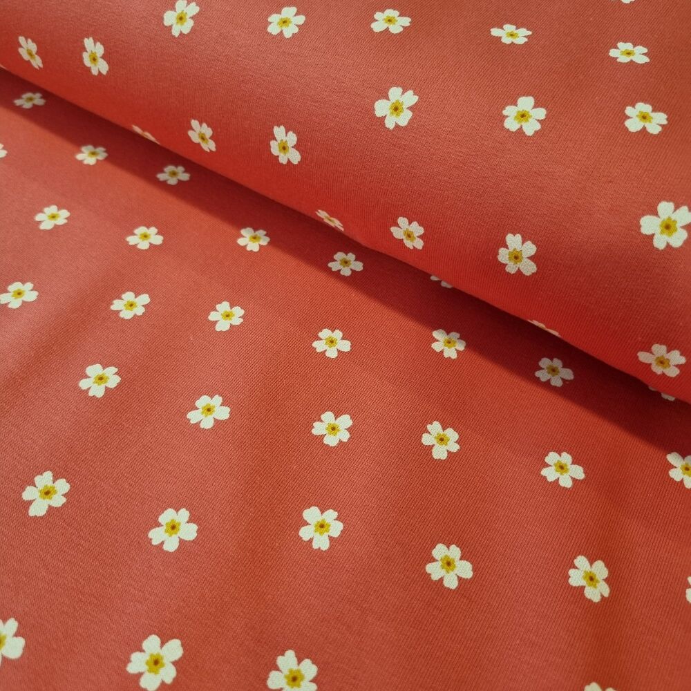 French Terry Fabric Flowers Spiced Coral