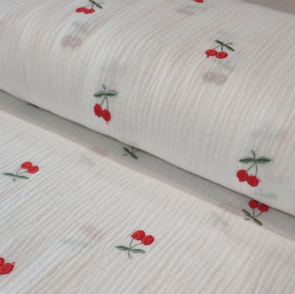 Double Gauze Fabric With Embroidered Cherries