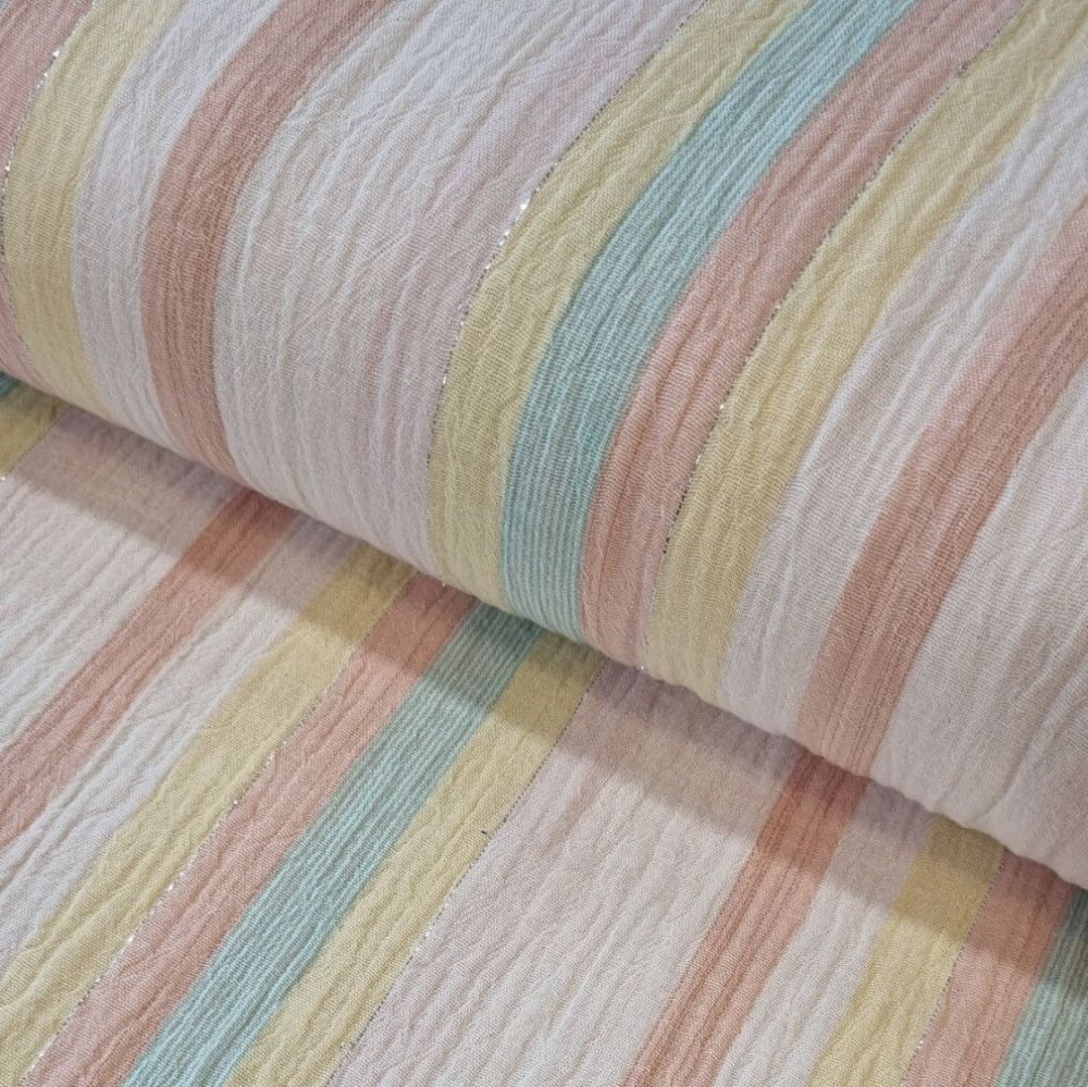 Double Gauze Fabric Pastel Strips with Silver Detail