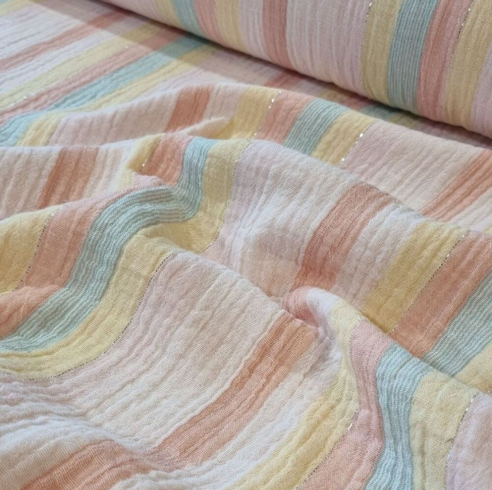 Double Gauze Fabric Pastel Strips with Silver Detail