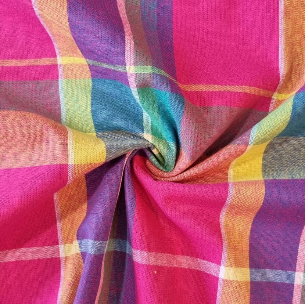 Checked Madras Cotton Fabric Pink