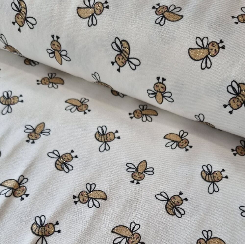 Cotton Jersey Fabric Bumble Bees Gold Detail