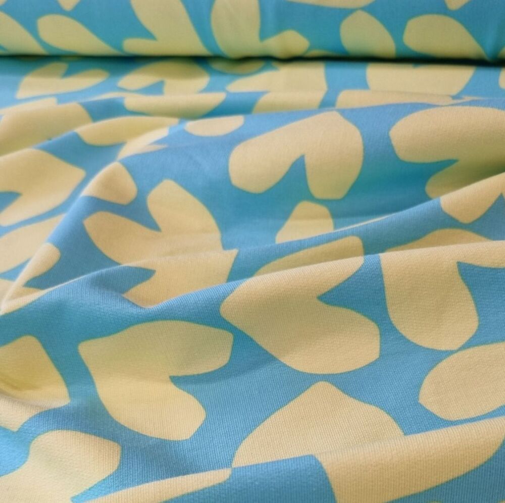 French Terry Fabric Big Hearts Turquoise