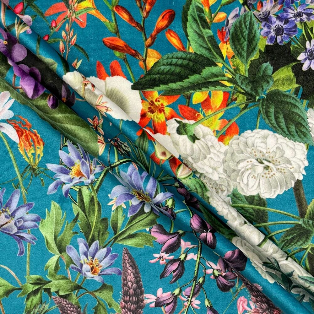 Upholstery Velvet Fabric Summer Floral Turquoise