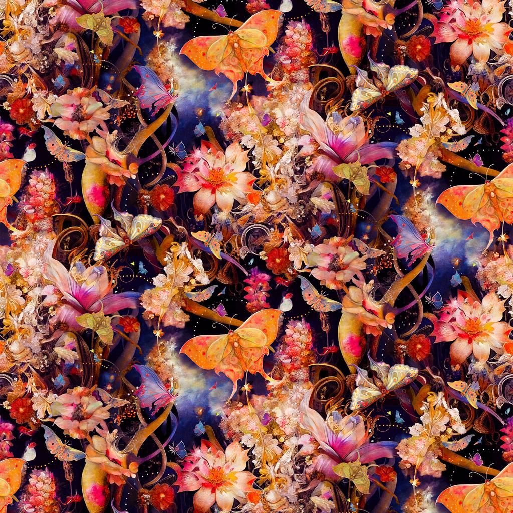 Blank Cotton Fabric Night Garden Butterflies