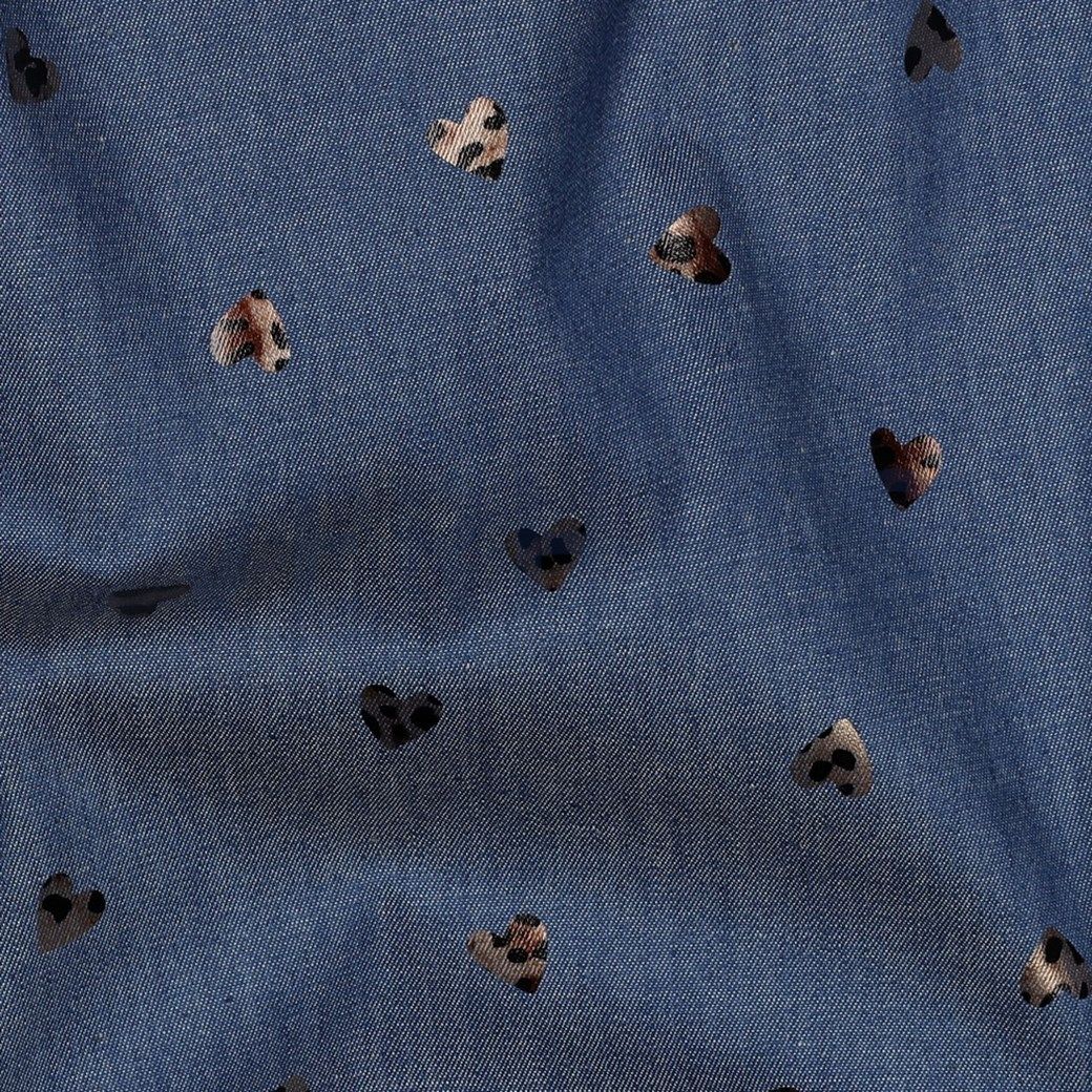 Lightweight Denim Fabric With Foil Print Hearts